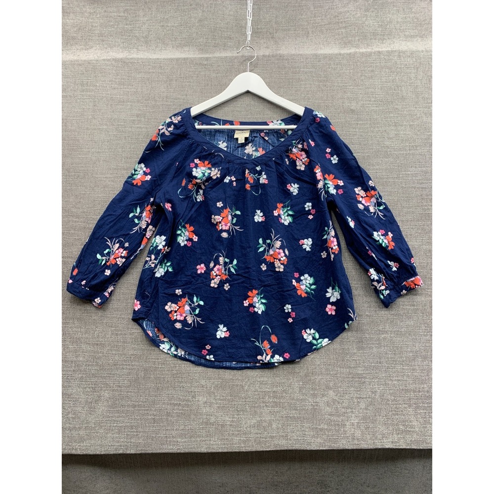 St. John's Bay Blouse Top Womens Medium Navy Blue Floral Cotton Pleated V-Neck